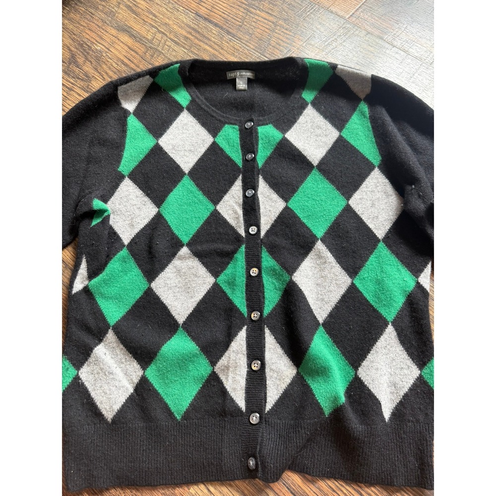 Apt. 9 Cashmere Cardigan Sweater Womens Large Argyle Green Black Button Front